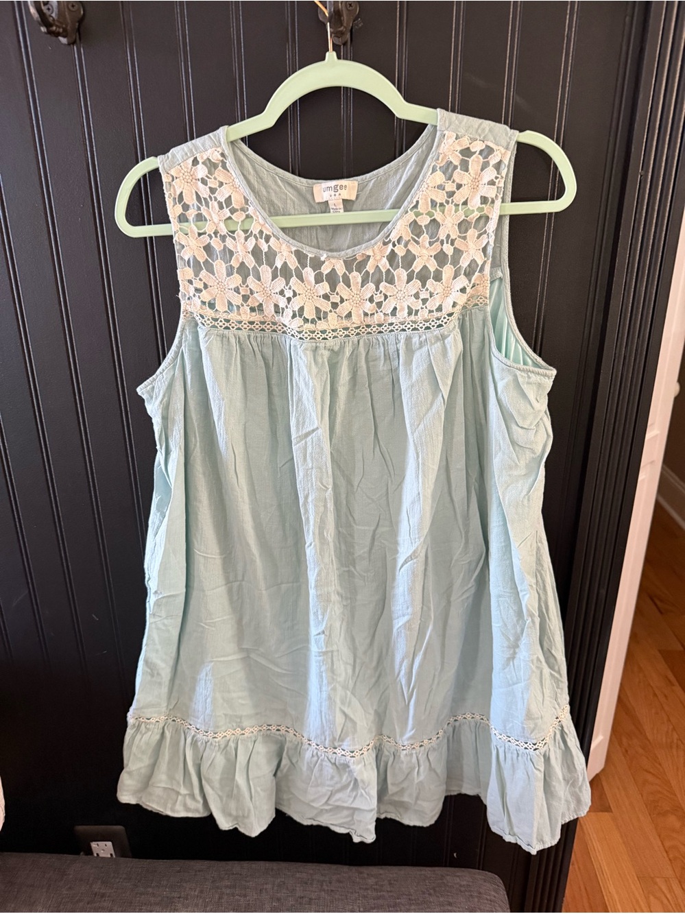Umgee Mint Blue Crochet Yoke Sleeveless Tunic